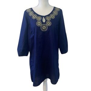 Lilly Pulitzer Blue Gold Embroidered 3/4 Sleeve Cotton Tunic‎ Top Blouse Large